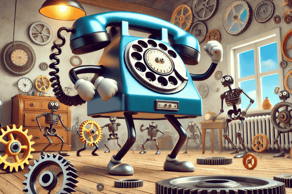 A cheerful cartoon Rotary Puns / telephone with a cluster of colorful gears around it, representing a blend of communication and machinery.