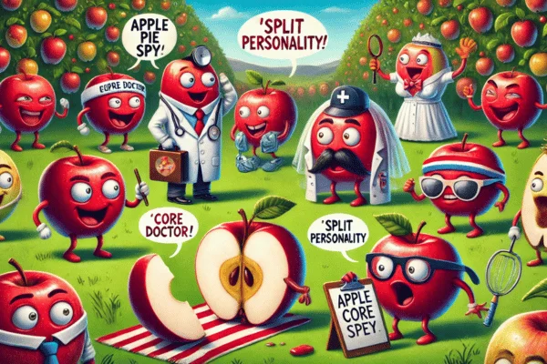 An illustration featuring apples in the foreground with people engaged in various activities and showing Apple Puns in the background.