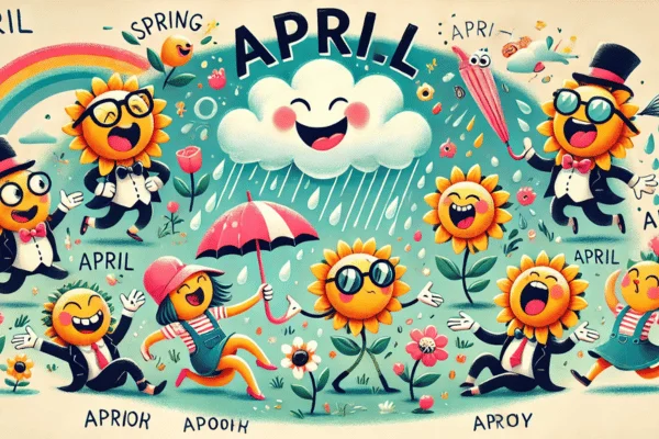 Bright cartoon sunflower featuring the word "April" in a whimsical style, shows April Puns symbolizing spring.