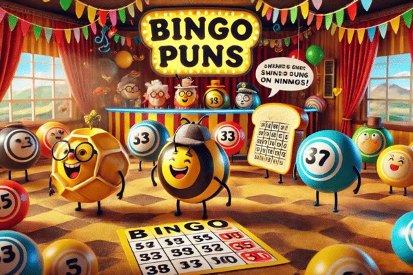 A lively room filled with players enjoying a game of bingo, featuring humorous Bingo Puns and cheerful interactions.