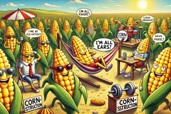 Playful cartoon illustration of Corn Puns alongside people resting in hammocks, capturing a serene outdoor atmosphere.