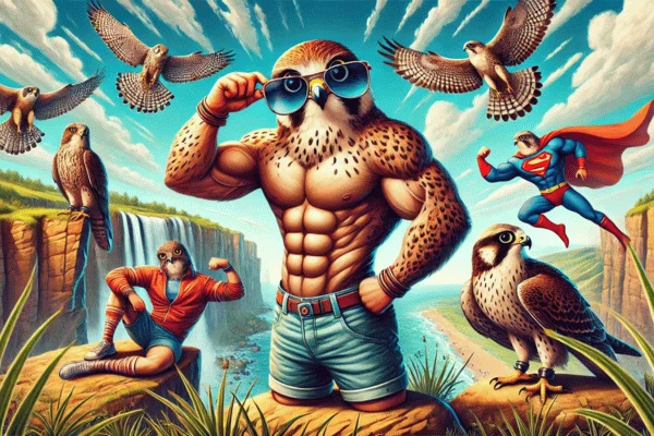 A painting illustrating a man with falcon puns resting on his shoulders, representing tranquility and the beauty of nature.