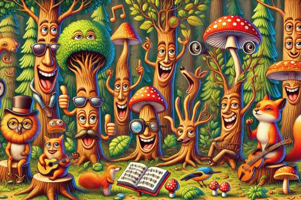 A vibrant painting depicting a group of cartoon characters joyfully exploring a lush Farm Puns.