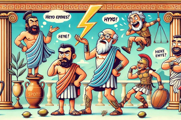 A depiction of Greek gods alongside their wives, showcasing divine relationships and greek puns in ancient mythology.