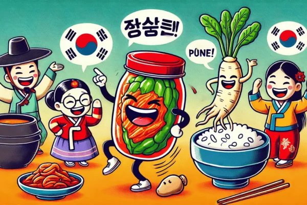 Colorful cartoon of individuals sharing a meal, with Korean characters, showing Korean Puns enhancing the lively atmosphere of the scene.