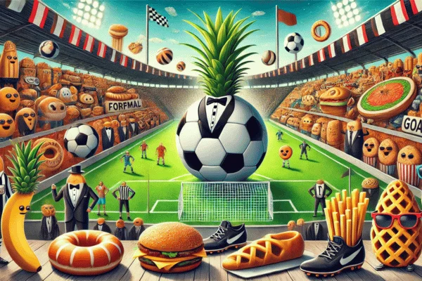 A whimsical cartoon of a soccer stadium featuring a pineapple perched on its roof, showing Soccer Puns adding a playful touch to the scene.