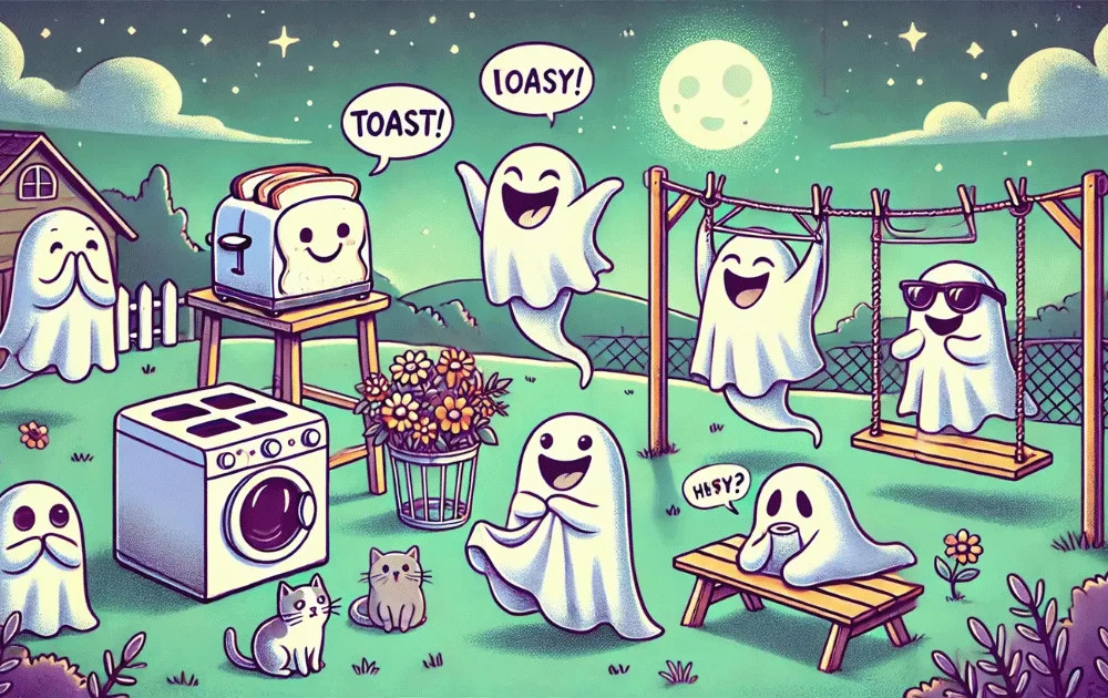 A colorful cartoon nighttime park scene filled with funny ghost puns