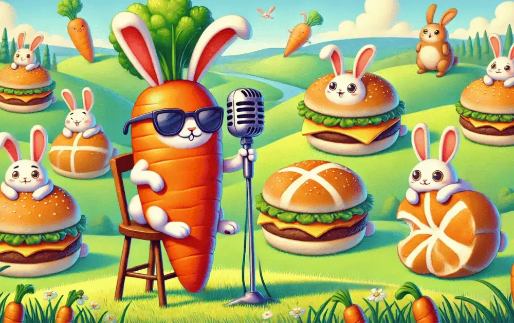 A colorful cartoon landscape filled with playful bunny puns, including a rabbit with a carrot microphone, a burger-shaped bunny, and others hopping across hamburger bun hills.