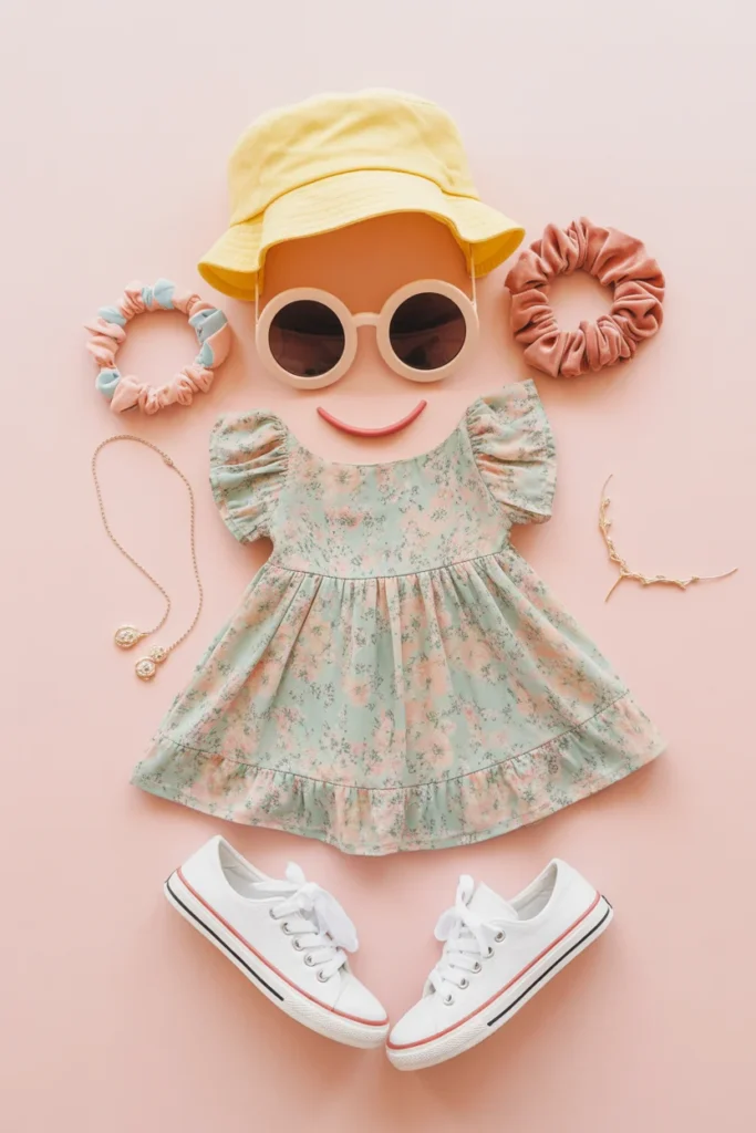 Close-up of spring outfit with pastel colors, a cardigan, and sneakers. Bright and cheerful look for the perfect spring day.