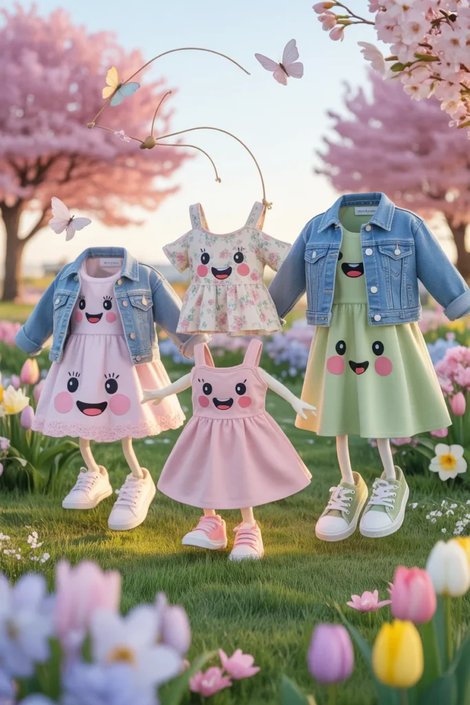 Floral spring outfit laid out with denim jacket, floral dress, sunglasses, and accessories. A playful spring fashion vibe with a light breeze.