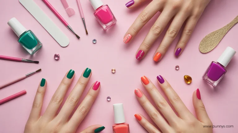 flat lay of colorful nail polishes and painted nails showingNail Puns