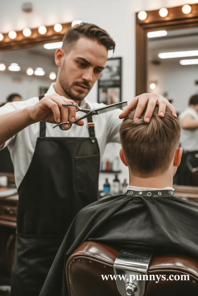 barber cutting client’s hair in a salon
